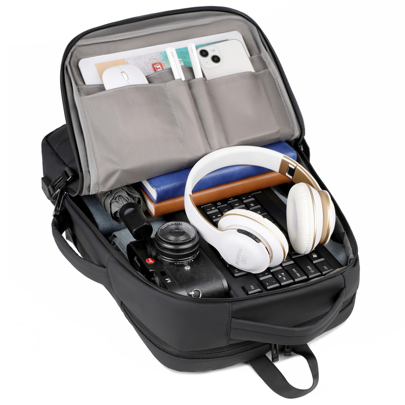 College Business Black Anti-Theft Waterproof Lightweight Laptop Backpack with Customizable Logo and USB Solar Panel