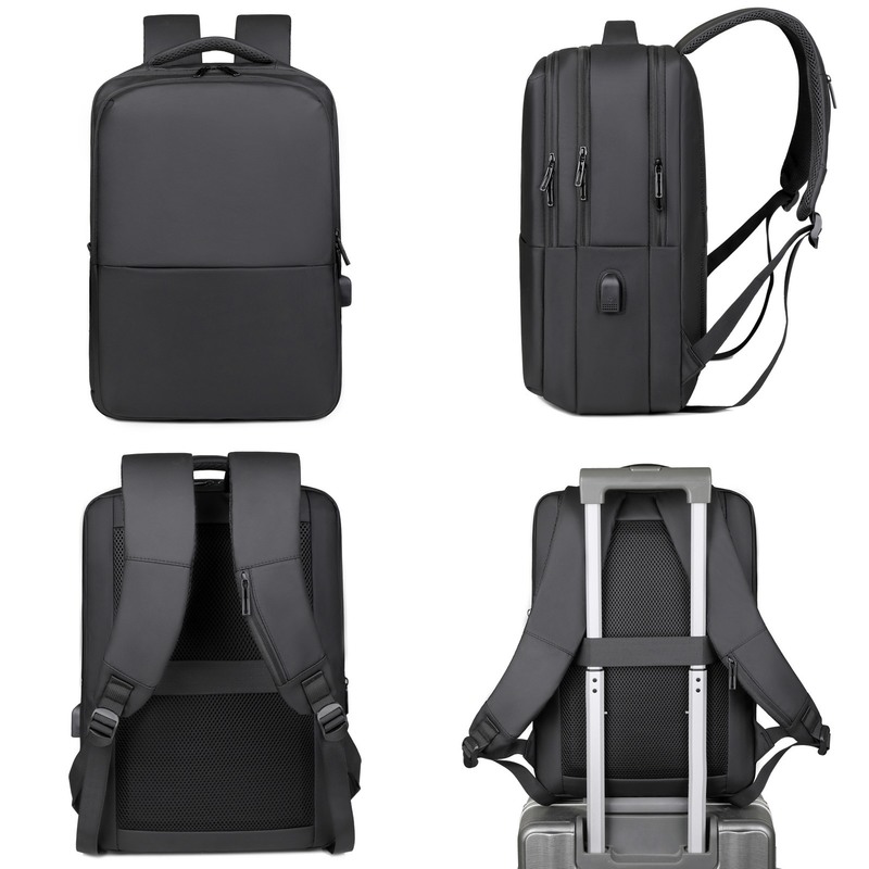 Simple Classic Luxury Business Style USB Nylon Lining Durable Lightweight Anti-Theft Waterproof Black Laptop Backpack