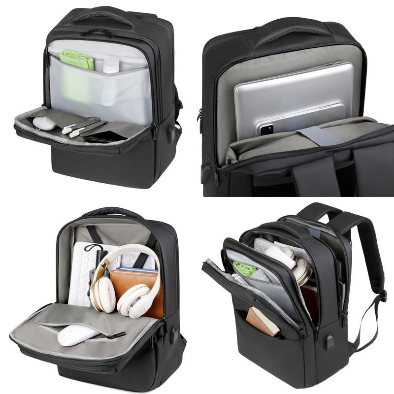 Simple Classic Luxury Business Style USB Nylon Lining Durable Lightweight Anti-Theft Waterproof Black Laptop Backpack