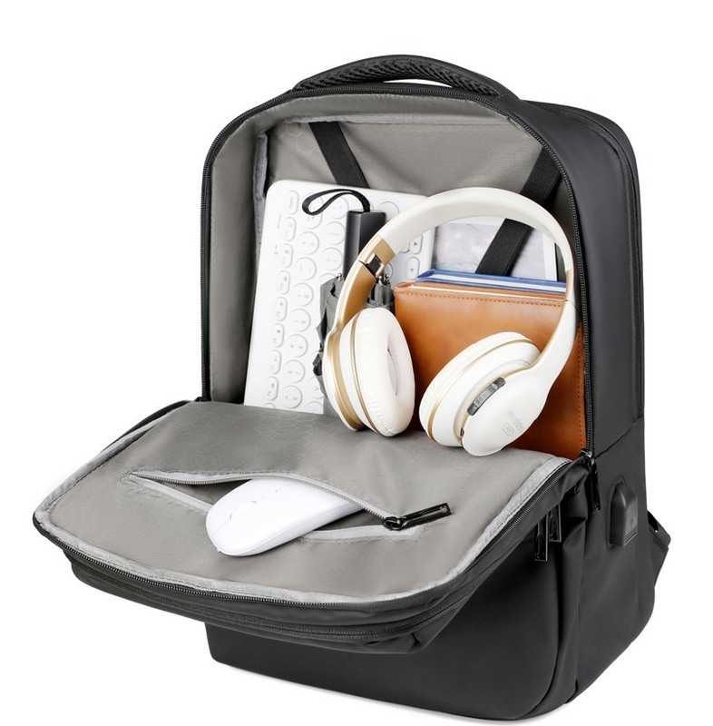 Simple Classic Luxury Business Style USB Nylon Lining Durable Lightweight Anti-Theft Waterproof Black Laptop Backpack