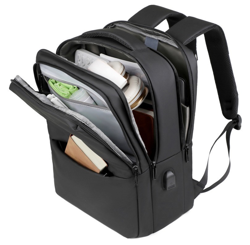 Simple Classic Luxury Business Style USB Nylon Lining Durable Lightweight Anti-Theft Waterproof Black Laptop Backpack