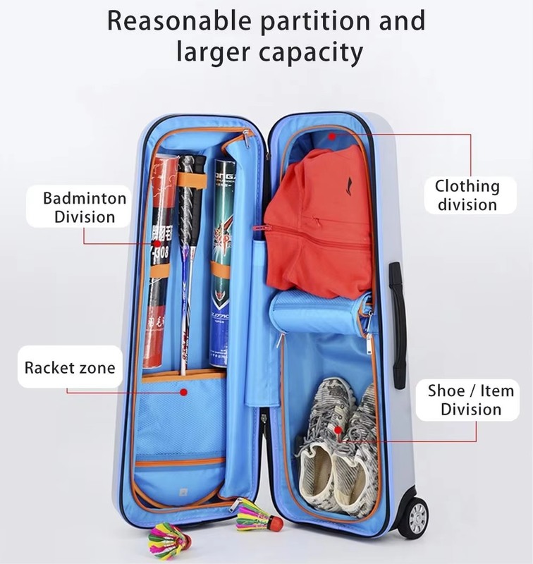 Aluminum Telescopic Rod Professional Badminton Storage Trolley Suitcase with Custom Zipper and Eco-Friendly Hard Shell