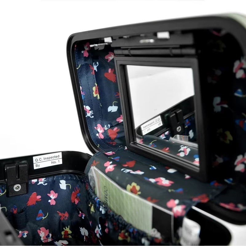 Mini Estojo Cosmético Rígido com Espelho Embutido Fechadura com Senha Laranja Holográfico Brilhante Estilo Feminino Organizador de Viagem