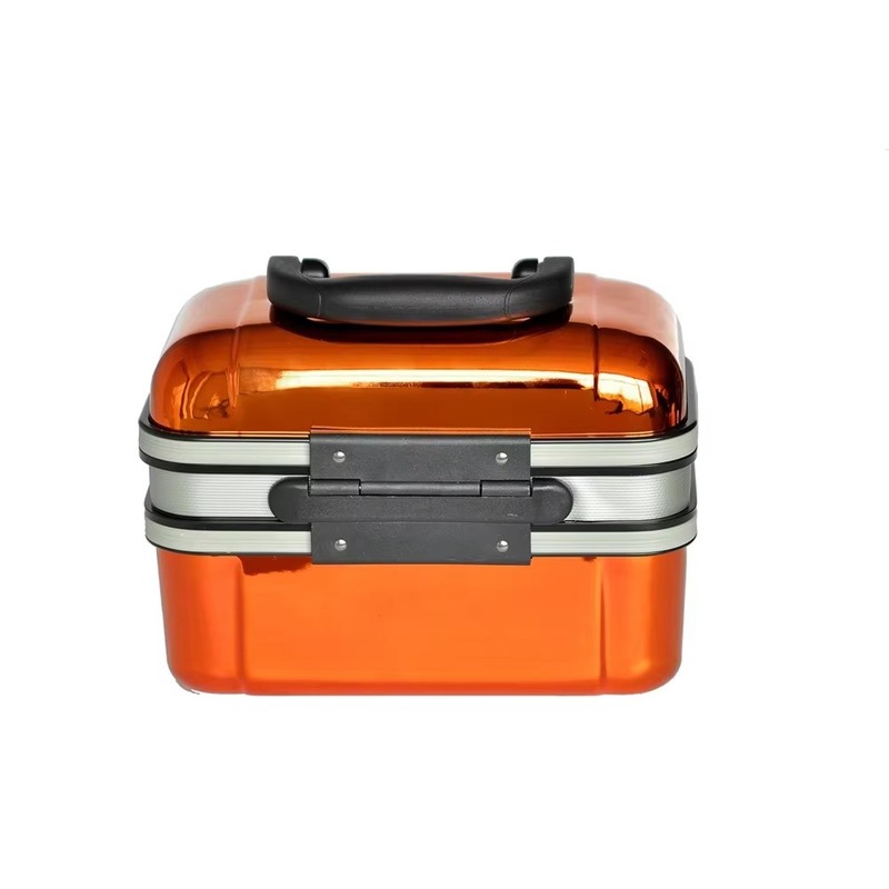Mini Estojo Cosmético Rígido com Espelho Embutido Fechadura com Senha Laranja Holográfico Brilhante Estilo Feminino Organizador de Viagem