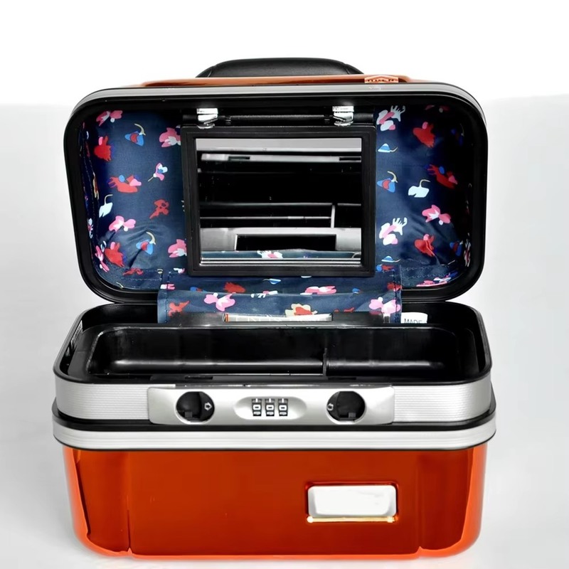 Mini Estojo Cosmético Rígido com Espelho Embutido Fechadura com Senha Laranja Holográfico Brilhante Estilo Feminino Organizador de Viagem