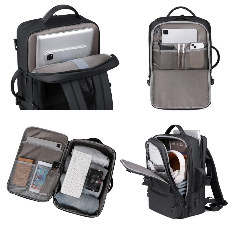 Business Travel Charging Anti-Theft Laptop Backpack with Geometric Pattern and Zipper Hasp Closure in Blue Black