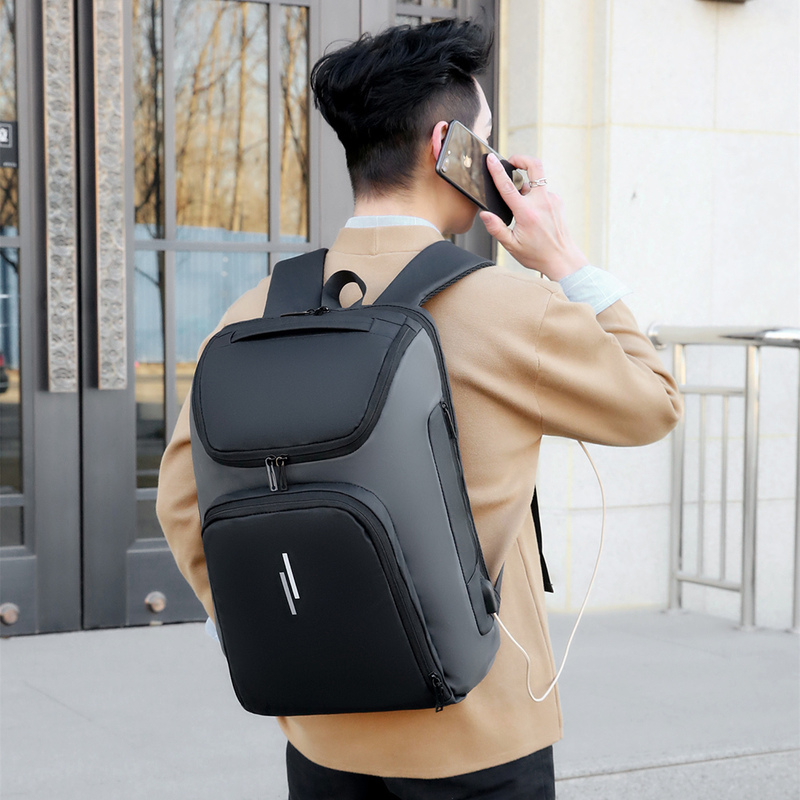 Business Leisure Blue Grey Anti-Theft Waterproof Computer Backpack with Nylon Lining Material and Zipper Closure