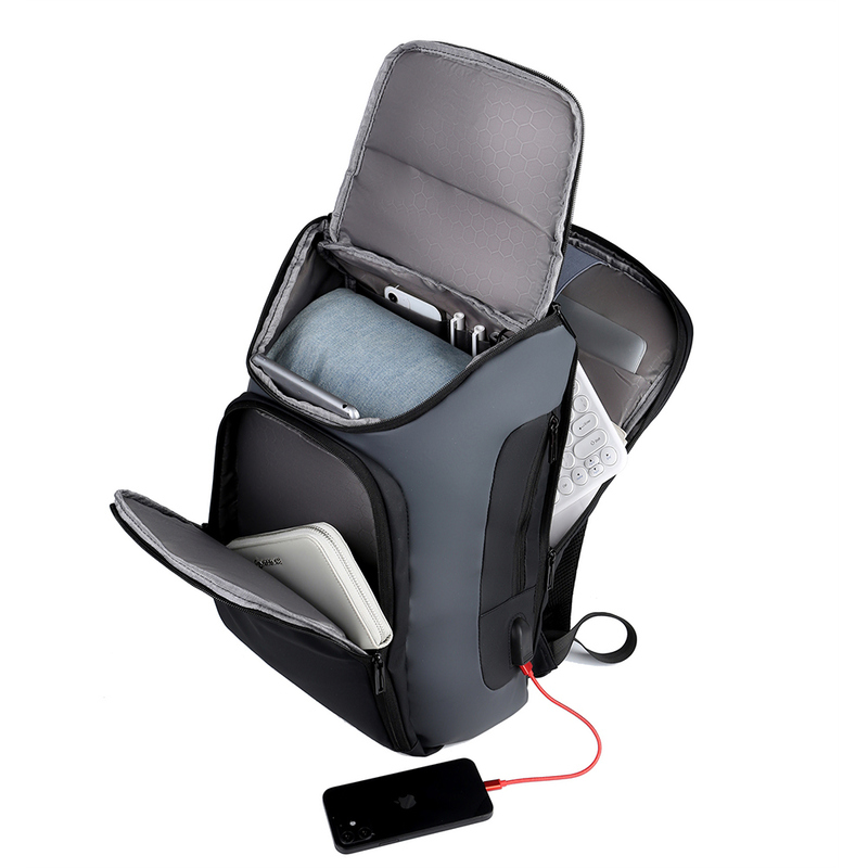 Business Leisure Blue Grey Anti-Theft Waterproof Computer Backpack with Nylon Lining Material and Zipper Closure