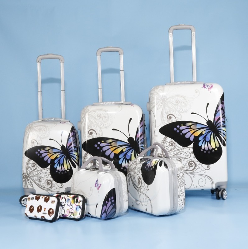 Zipper Password Lock Butterfly Print 5-Piece Classic Style ABS PC Hard Shell Suitcases for Durable Multi-Function Travel
