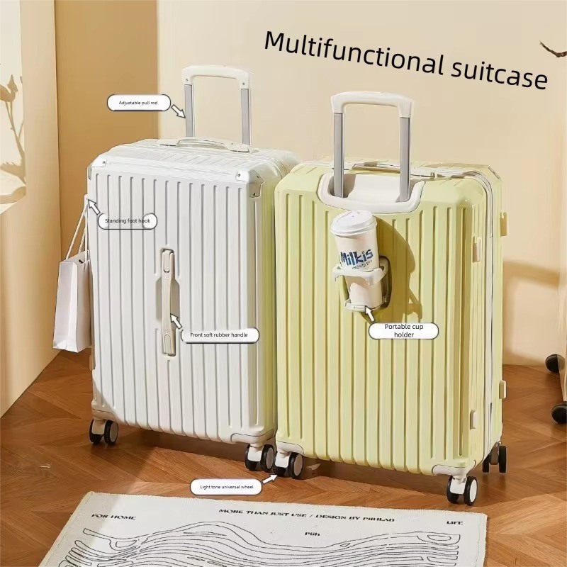 Multi-Stage Telescopic Rod Suitcase with Side Hook Unisex Multi-Function Spinner Luggage Cup Holder 210D Polyester Lining