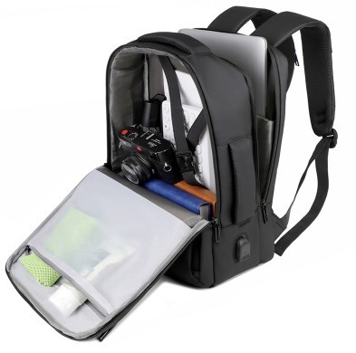 Unisex Fashionable Black Anti-Theft Waterproof Lightweight Laptop Backpack with RFID GPS USB Solar Panel and Materials