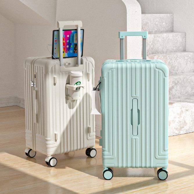Zipper Closure Lightweight Multifunctional Anti-scratch Waterproof Suitcase with USB Charging Port and External Cup Holder